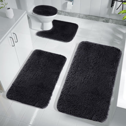 Under $5 Tyidzon Bathroom Rugs Solid Color Bath Mats 3 Set Bath Mats for bathroom Toilet Mats Universal Soft Comfortable Water Absorption Non-Slip Thick Machine Washable Easier to Dry Black 2.