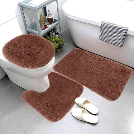 Under $5 Tyidzon Bathroom Rugs Solid Color Bath Mats 3 Set Bath Mats for bathroom Toilet Mats Universal Soft Comfortable Water Absorption Non-Slip Thick Machine Washable Easier to Dry Brown 1.
