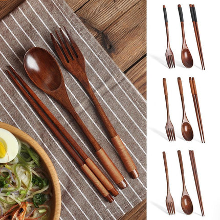 Japanese Natural Chopsticks Wooden Spoon Fork Cutlery Style Set BEST E2B9.