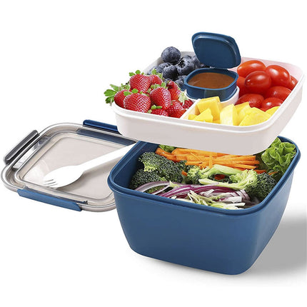 JWDX Food Storage, Light Meal Salad Box Japanese Style Double Layer Compartment Lunch Box, Kitchen Supplies Clearance, 1Pc Portable Box and Salad Bowl Combo Keep Your Food Fresh and Organized Blue.