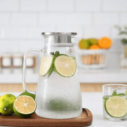 JWDX Glass and Bottle Clearance, 52 Oz Glass Pitcher with Stainless Lid Water Carafe with Handle Clear Good Beverage Pitcher for Homemade Juice and Iced Tea As shown.