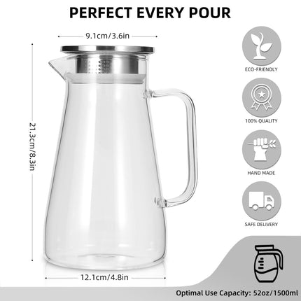 JWDX Glass and Bottle Clearance, 52 Oz Glass Pitcher with Stainless Lid Water Carafe with Handle Clear Good Beverage Pitcher for Homemade Juice and Iced Tea As shown.