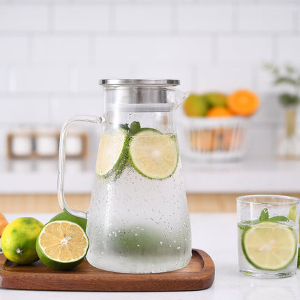 JWDX Glass and Bottle Clearance, 52 Oz Glass Pitcher with Stainless Lid Water Carafe with Handle Clear Good Beverage Pitcher for Homemade Juice and Iced Tea As shown.