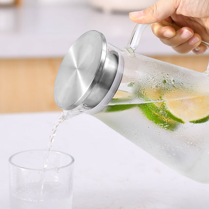 JWDX Glass and Bottle Clearance, 52 Oz Glass Pitcher with Stainless Lid Water Carafe with Handle Clear Good Beverage Pitcher for Homemade Juice and Iced Tea As shown.