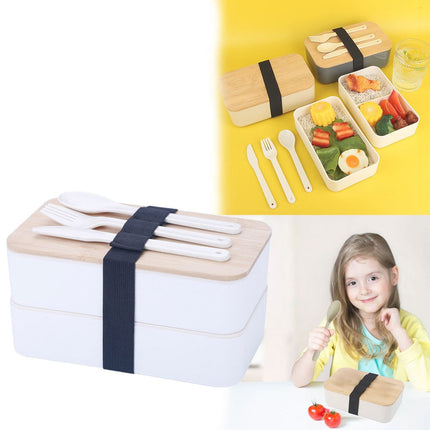 JWDX Tableware Clearance, Box Lunch Box Japanese 2 Layer Food Container with Cutlery Spoon and Fork Divided Salad Box for Men and Women WH2.