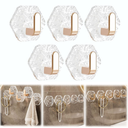 JWDX, Wall Mount Hooks Hexagon Adhesive Hooks with Water Design No Drill Wall Hanging Storage Rack Damage Sticky Hooks for Kitchen Bathroom Towel Hanging(5Pc) One Size Gold.