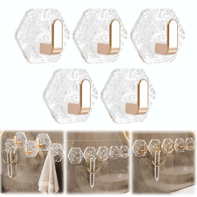 JWDX, Wall Mount Hooks Hexagon Adhesive Hooks with Water Design No Drill Wall Hanging Storage Rack Damage Sticky Hooks for Kitchen Bathroom Towel Hanging(5Pc) One Size Gold.