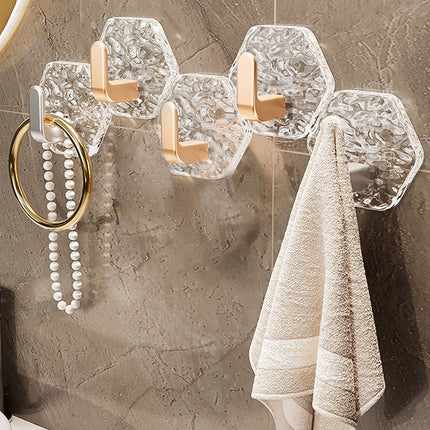 JWDX, Wall Mount Hooks Hexagon Adhesive Hooks with Water Design No Drill Wall Hanging Storage Rack Damage Sticky Hooks for Kitchen Bathroom Towel Hanging(5Pc) One Size Gold.