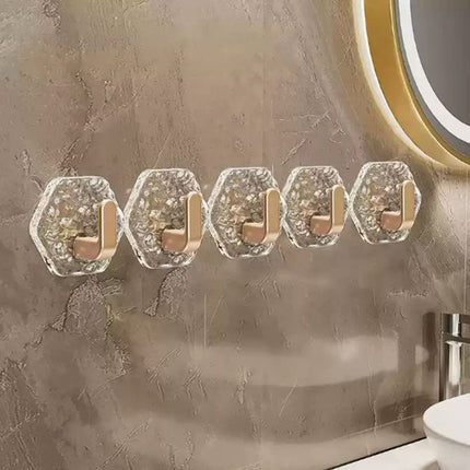 JWDX, Wall Mount Hooks Hexagon Adhesive Hooks with Water Design No Drill Wall Hanging Storage Rack Damage Sticky Hooks for Kitchen Bathroom Towel Hanging(5Pc) One Size Gold.