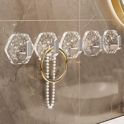 JWDX, Wall Mount Hooks Hexagon Adhesive Hooks with Water Design No Drill Wall Hanging Storage Rack Damage Sticky Hooks for Kitchen Bathroom Towel Hanging(5Pc) One Size Gold.