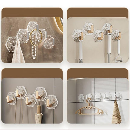 JWDX, Wall Mount Hooks Hexagon Adhesive Hooks with Water Design No Drill Wall Hanging Storage Rack Damage Sticky Hooks for Kitchen Bathroom Towel Hanging(5Pc) One Size Gold.
