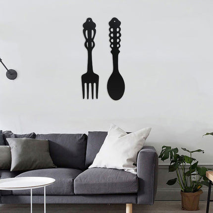 LGCASL Metal Fork Spoon Wall Decor Hanging Sculpture Farmhouse Wall Decor for Kitchen, Two-Piece Wall Sticker Set Wrought iron wall decoration Black.