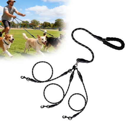 LGCASL 3 Dog Leash No Tangle, Heavy Duty Multiple Dog Lead Shock Absorbing Bungee, Triple Bungee Leash, Reflective Dog Leash Free Multi Pet Walking Rope with Detachable Black.