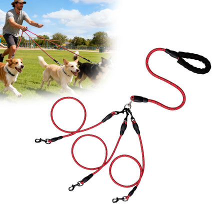 LGCASL 3 Dog Leash No Tangle, Heavy Duty Multiple Dog Lead Shock Absorbing Bungee, Triple Bungee Leash, Reflective Dog Leash Free Multi Pet Walking Rope with Detachable, Black Red.