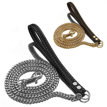 LGCASL Traction Leash Leather Strong Metal Stainless Pet Chain for Dog Black.