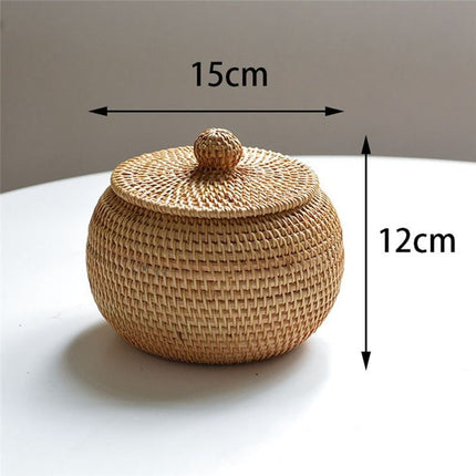 Round Rattan Box with Lid, Hand Woven Storage Box, Multifunctional Desktop Tray Storage Basket Decoration for Home.