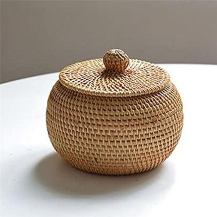 Round Rattan Box with Lid, Hand Woven Storage Box, Multifunctional Desktop Tray Storage Basket Decoration for Home.