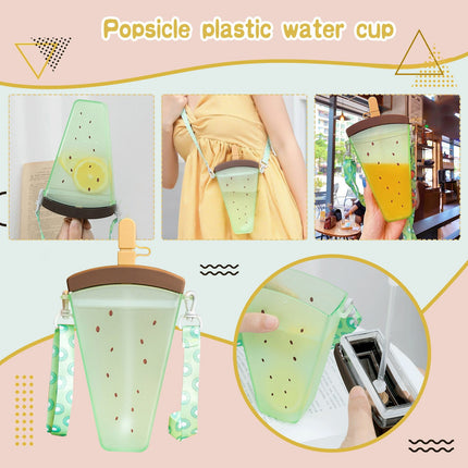 JWDX Glass and Bottle Clearance! Cute Watermelon Straw Water Bottle Ice Cream Popsicle Cup with Shoulder Strap, Kitchen Cups Promotion Include 1Pc Ice Cream Cup Green.