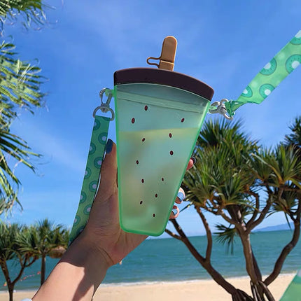 JWDX Glass and Bottle Clearance! Cute Watermelon Straw Water Bottle Ice Cream Popsicle Cup with Shoulder Strap, Kitchen Cups Promotion Include 1Pc Ice Cream Cup Green.