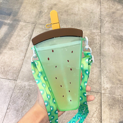 JWDX Glass and Bottle Clearance! Cute Watermelon Straw Water Bottle Ice Cream Popsicle Cup with Shoulder Strap, Kitchen Cups Promotion Include 1Pc Ice Cream Cup Green.