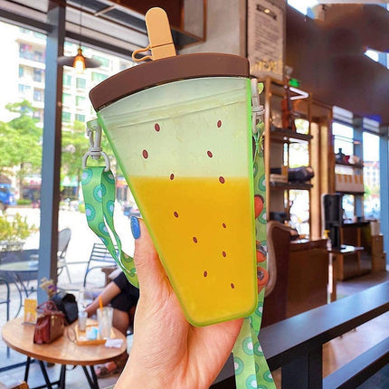 JWDX Glass and Bottle Clearance! Cute Watermelon Straw Water Bottle Ice Cream Popsicle Cup with Shoulder Strap, Kitchen Cups Promotion Include 1Pc Ice Cream Cup Green.