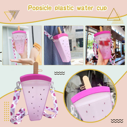 JWDX Glass and Bottle Clearance! Cute Watermelon Straw Water Bottle Ice Cream Popsicle Cup with Shoulder Strap, Kitchen Cups Promotion Include 1Pc Ice Cream Cup Purple.