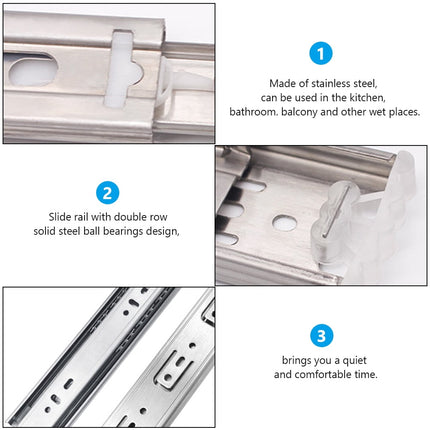 Ortofally 2pcs Three-Section Drawer Slides Stainless Steel Full Extension Ball Bearing 25X4.31CM Silver.