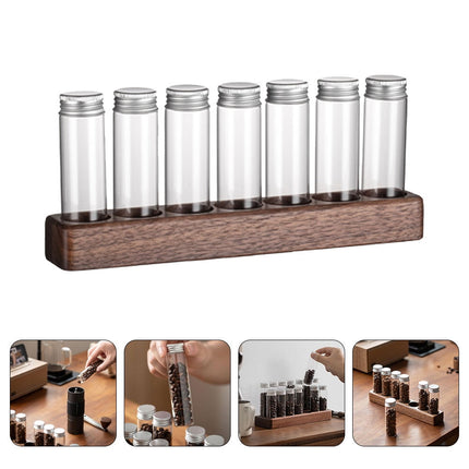 Worgeous Coffee Bean Tube Dispenser with Wood Rack for Home Use Clear Glass Bottles and Sealed Storage 7 Tubes.