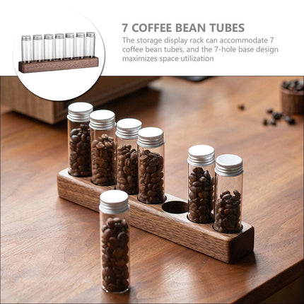 Worgeous Coffee Bean Tube Dispenser with Wood Rack for Home Use Clear Glass Bottles and Sealed Storage 7 Tubes.