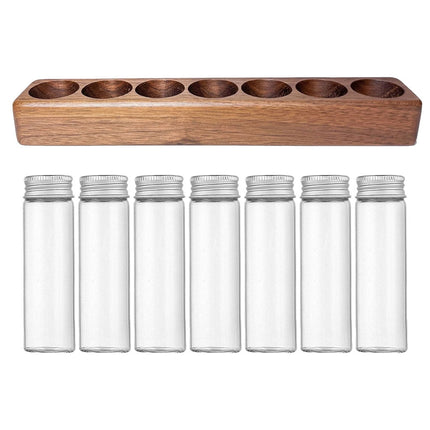 Worgeous Coffee Bean Tube Dispenser with Wood Rack for Home Use Clear Glass Bottles and Sealed Storage 7 Tubes.