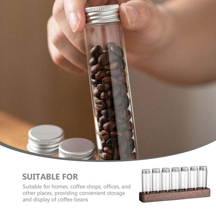 Worgeous Coffee Bean Tube Dispenser with Wood Rack for Home Use Clear Glass Bottles and Sealed Storage 7 Tubes.
