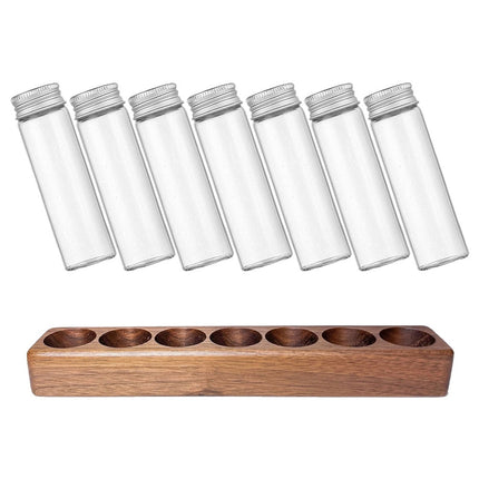 Worgeous Coffee Bean Tube Dispenser with Wood Rack for Home Use Clear Glass Bottles and Sealed Storage 7 Tubes.