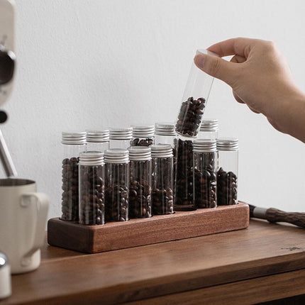 Worgeous Coffee Bean Tube Dispenser with Wood Rack for Home Use Clear Glass Bottles and Sealed Storage 7 Tubes.