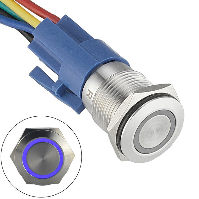 19Mm Latching Push Button Switch 12V Dc On Off Stainless Steel Led Self-Locking Green Blue.