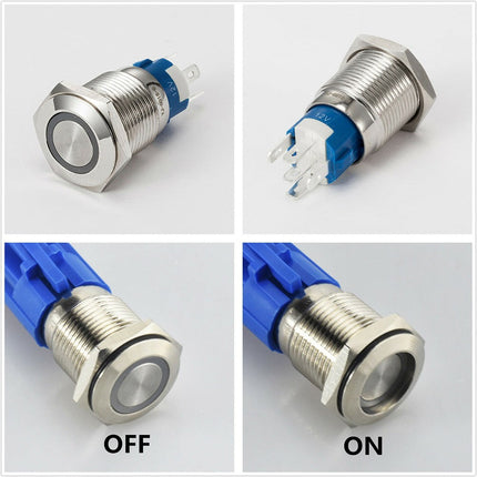 19Mm Latching Push Button Switch 12V Dc On Off Stainless Steel Led Self-Locking Green Blue.
