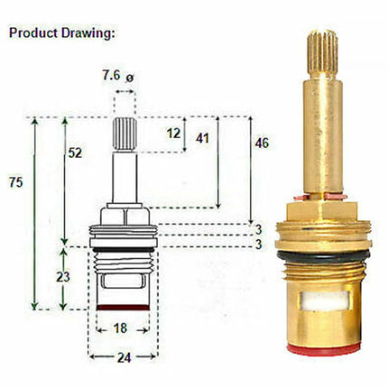 Shower Bath Taps Valve Cartridge Quarter Turn Flow Long Tall Stem Insert 20 1/2" Bathroom Fixture Faucet Replacement Parts Anti-Clockwise Smile Home Anti-Clockwise.