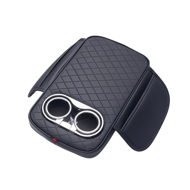 Car Armrest Cushion With 2 Cup Holder And Side Pocket Pu Leather Black.