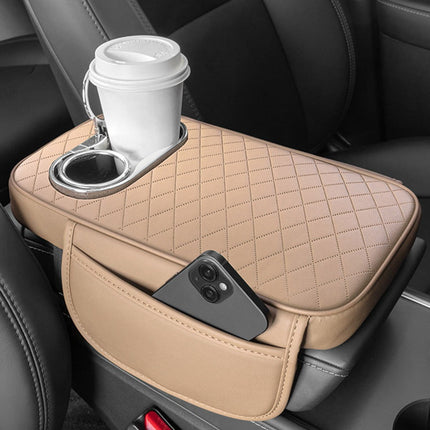 Car Armrest Cushion With 2 Cup Holder And Side Pocket Pu Leather Black.
