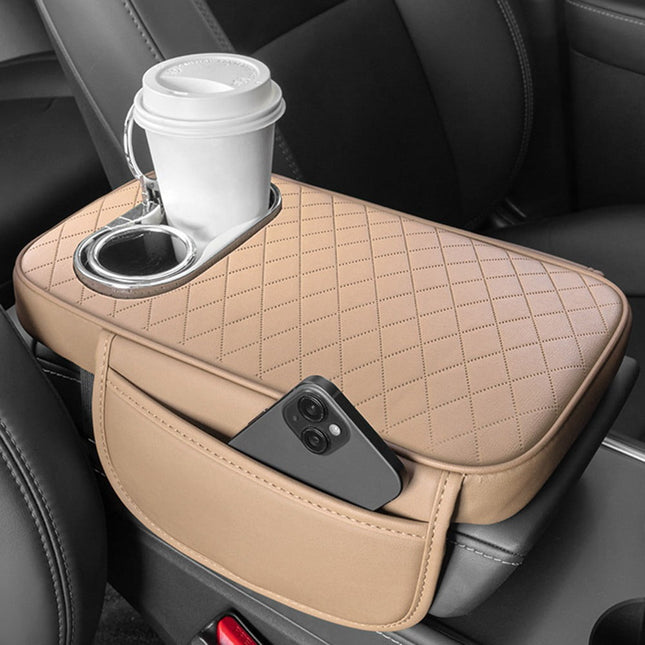 Car Armrest Cushion With 2 Cup Holder And Side Pocket Pu Leather Black.