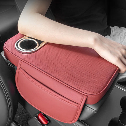 Car Armrest Cushion With 2 Cup Holder And Side Pocket Pu Leather Black.