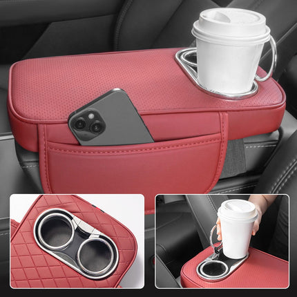 Car Armrest Cushion With 2 Cup Holder And Side Pocket Pu Leather Black.
