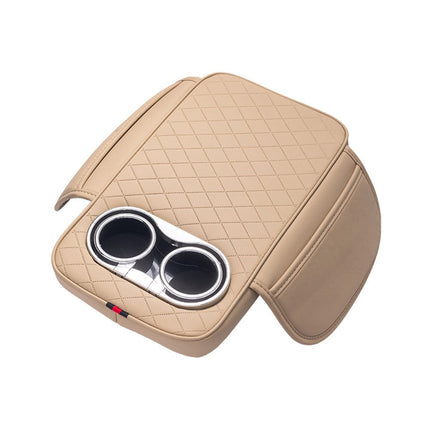 Car Armrest Cushion With 2 Cup Holder And Side Pocket Pu Leather Black.