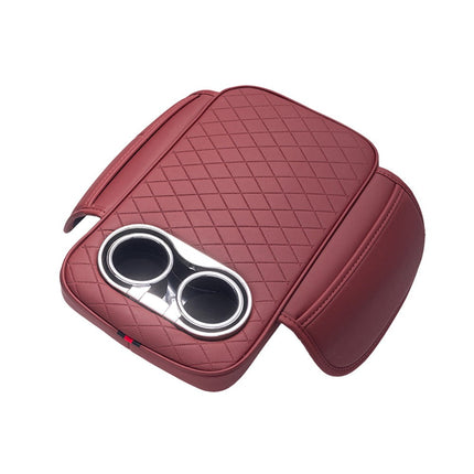 Car Armrest Cushion With 2 Cup Holder And Side Pocket Pu Leather Black.