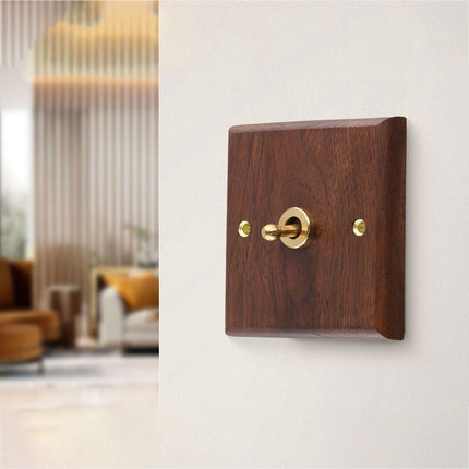 Toggle Light Rocker Switch 1/2 Way Retro Walnut Wood Plate Brass Lever 1 Gang Smile Home 1 Gang.