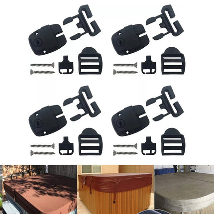 4 Set Spa Cover Latch Replacement Kit With Slots - Includes 4 Latches Tracks Keys & Screws For Hot Tub Cover Repair - Black Plastic.