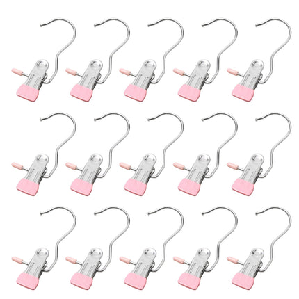 Clothes Pins, 15 Pack Hanger Hooks, Stainless Steel Laundry Clips, Travel Hangers, Towel Clips, Legging Organizer for Closet Hanging, Space Saving Hanger Clips for Pants, Jeans, Hats, Boot Silver.