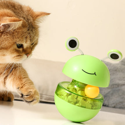 Cat Treat Puzzle, 2 in 1 Pet Slow Feeder Puzzle Ball, Frog Tumbler Cat Treat Toy, and Automatic Slow Feeder Ball for Cat and Kitten Training with Feather & Balls Green.