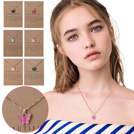 Colorful Acrylic Butterfly Pendant Necklace Bohemian Adjustable Retro Card Clavicle Chain Insect Animal Necklace for Women Friend Friendship Party Jewelry Gift Black.