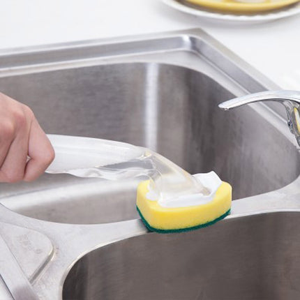 Creative Detachable Handle Soap Dispenser Dish Wand Brush - 28cm Scrub Refill for Kitchen Cleaning, Pot and Pan Washing, Reusable Sponge, Transparent Liquid Dispenser for Easy Dishwashing.
