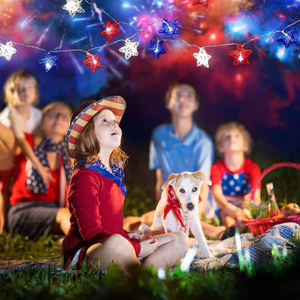 20 LED Star Decorative Lighting String, 10 Ft Red White and Blue Christmas Lights, for Indoor Party, 4th of July, Memorial Day, Decorations Rattan Stars Patriotic Lights Battery Operated A.